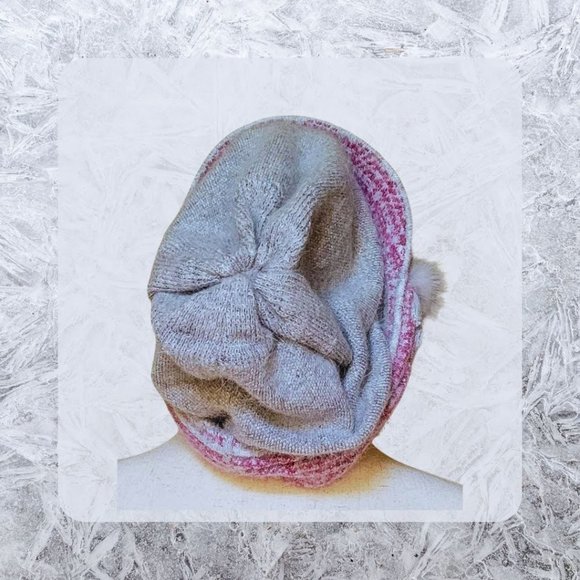 Raspberry & Grey Knit Herringbone Baker Boy Hat accent on side sparkles in Front - Picture 7 of 11